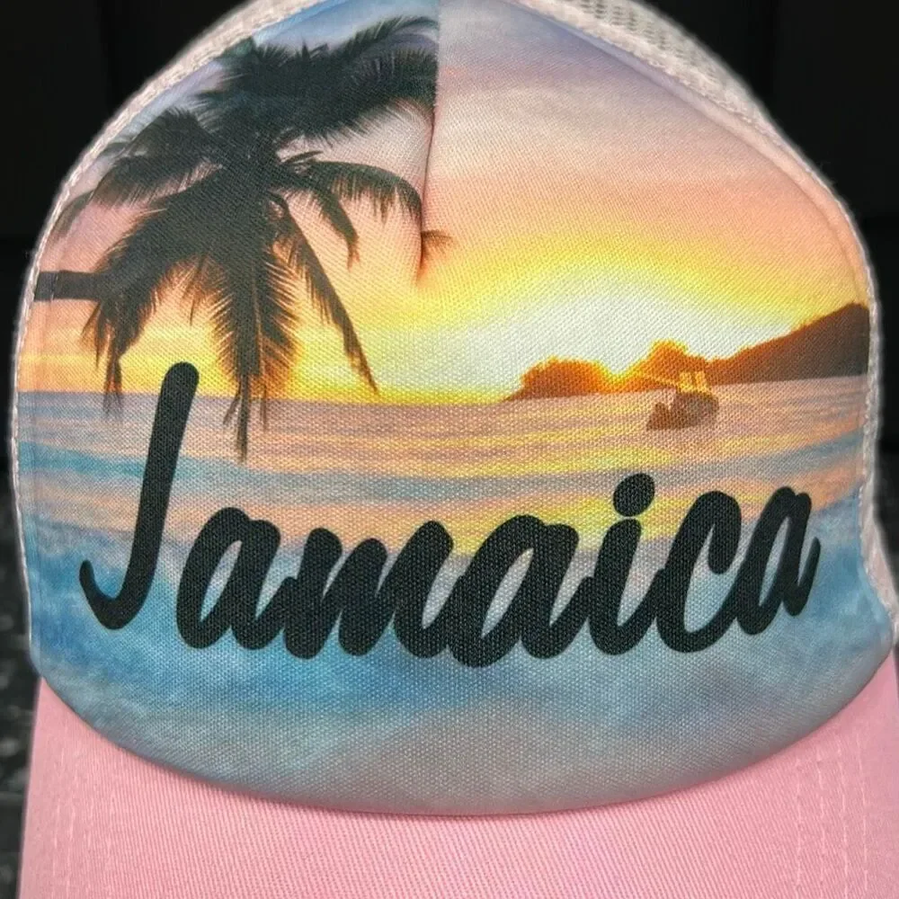 Jamaica Snapback Trucker Hat Pink White Sunset Palm Tree Beach One Love